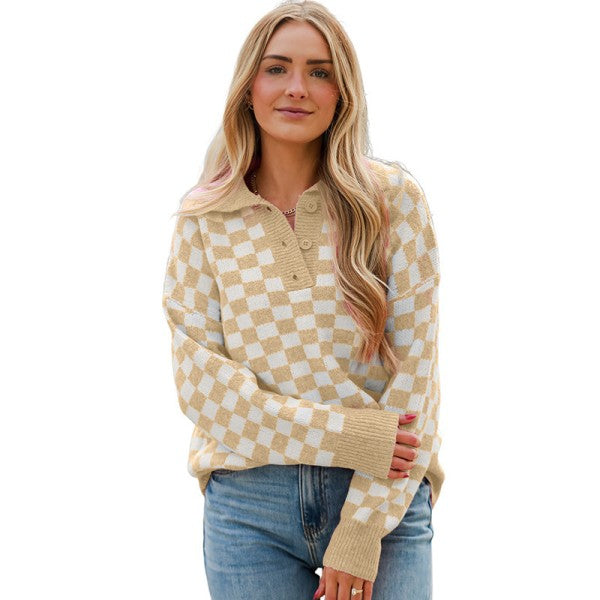 Checkered Collar V Neck Drop Shoulder Sweater