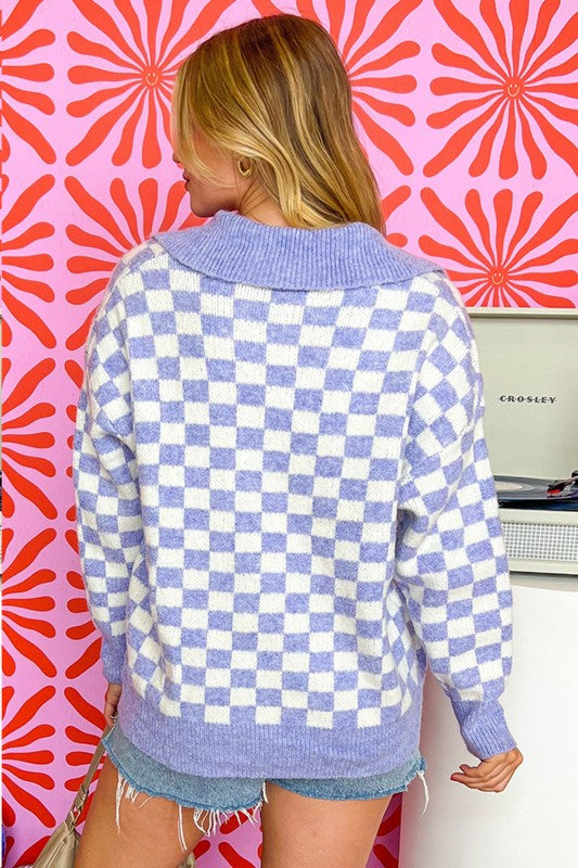 Checkered Collar V Neck Drop Shoulder Sweater