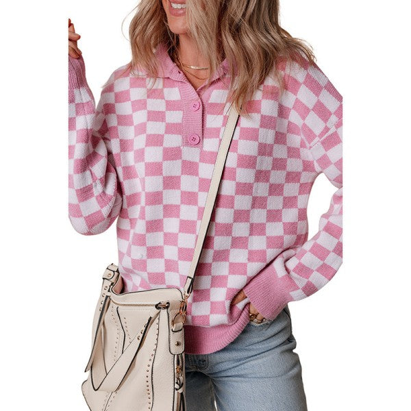 Checkered Collar V Neck Drop Shoulder Sweater