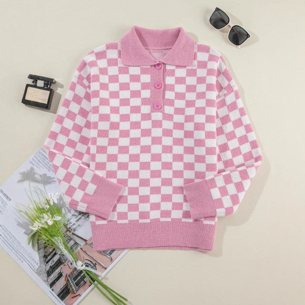 Checkered Collar V Neck Drop Shoulder Sweater