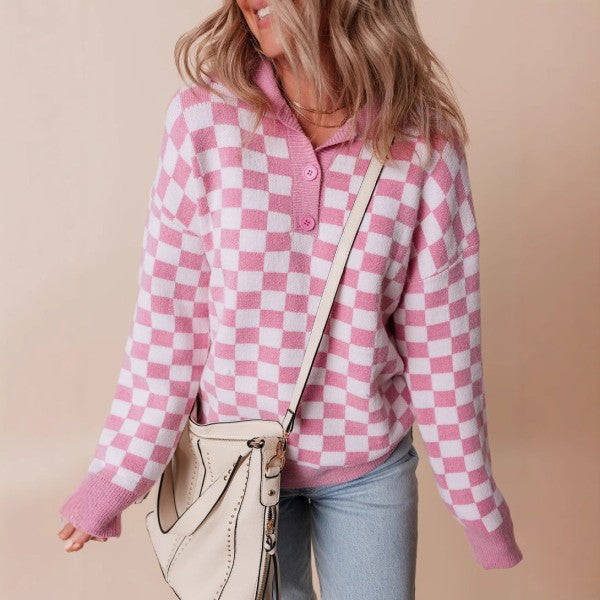 Checkered Collar V Neck Drop Shoulder Sweater