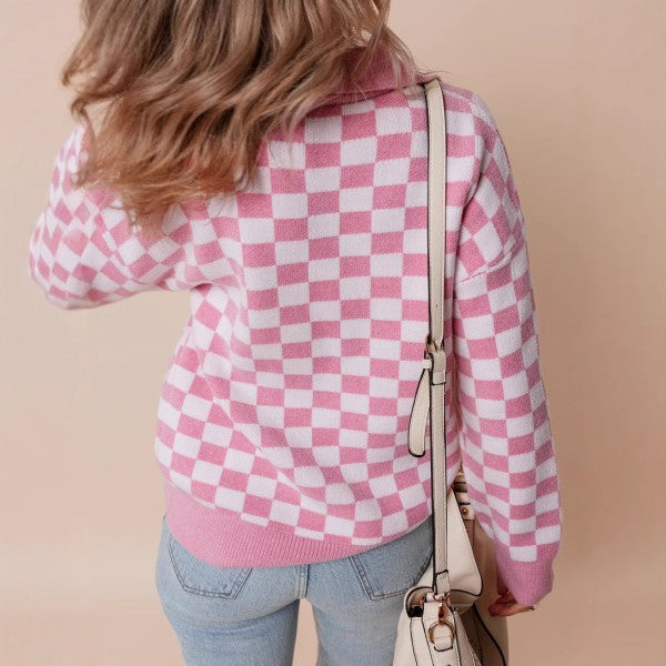 Checkered Collar V Neck Drop Shoulder Sweater