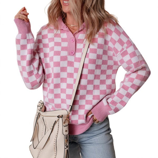 Checkered Collar V Neck Drop Shoulder Sweater