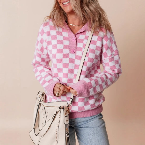 Checkered Collar V Neck Drop Shoulder Sweater