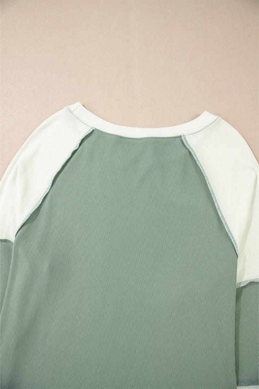 Ribbed Colorblock Patchwork Raglan Long Sleeve Top