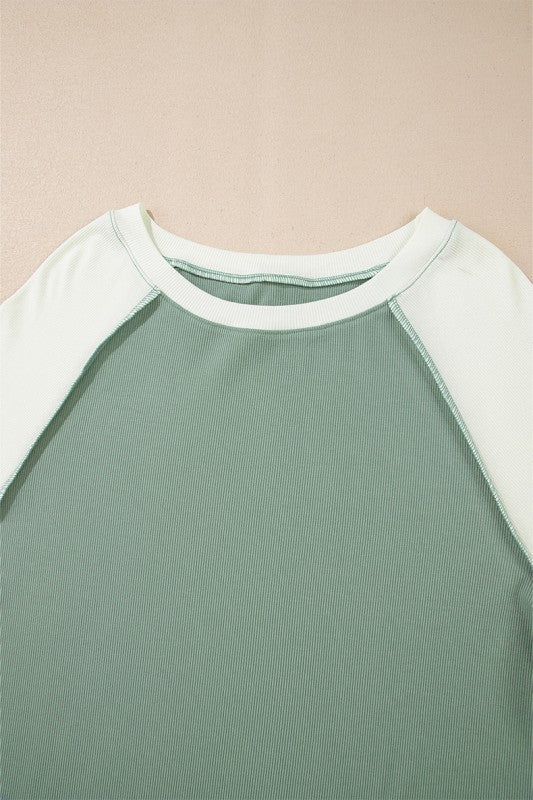 Ribbed Colorblock Patchwork Raglan Long Sleeve Top