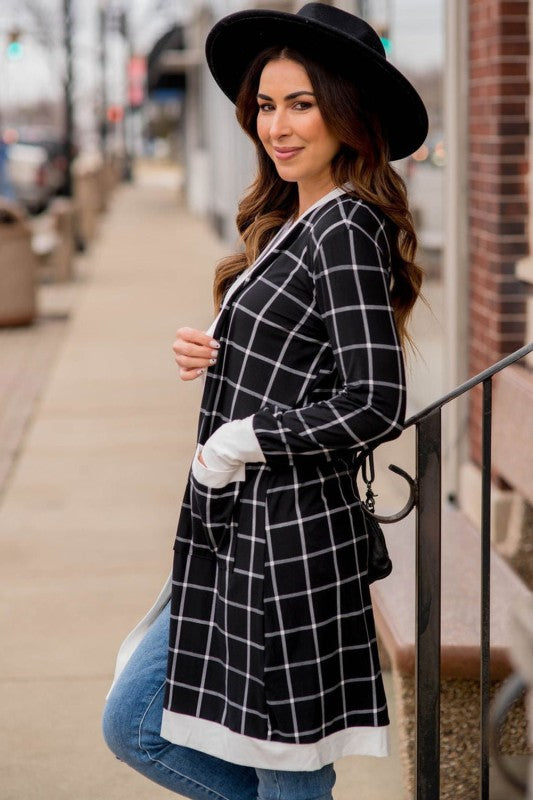 Plaid Colorblock Edge Open Cardigan with Pocket