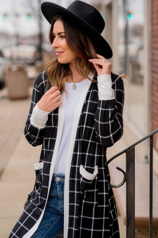Plaid Colorblock Edge Open Cardigan with Pocket