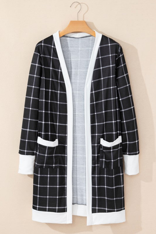 Plaid Colorblock Edge Open Cardigan with Pocket
