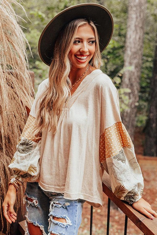 Women Puff Sleeve Patchwork V Neck Sweatshirts