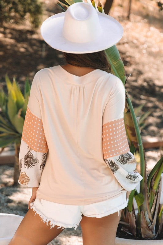 Women Puff Sleeve Patchwork V Neck Sweatshirts