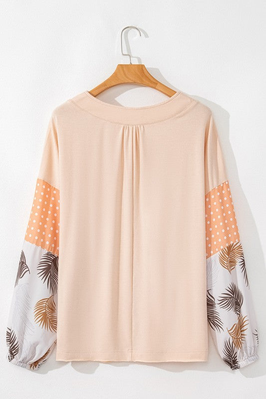 Women Puff Sleeve Patchwork V Neck Sweatshirts
