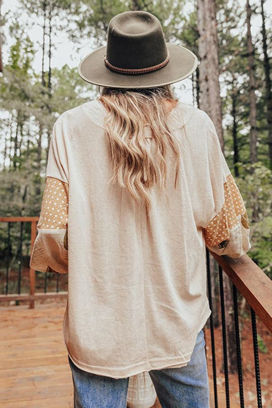 Women Puff Sleeve Patchwork V Neck Sweatshirts