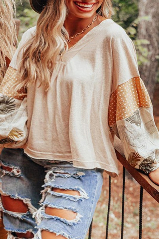 Women Puff Sleeve Patchwork V Neck Sweatshirts