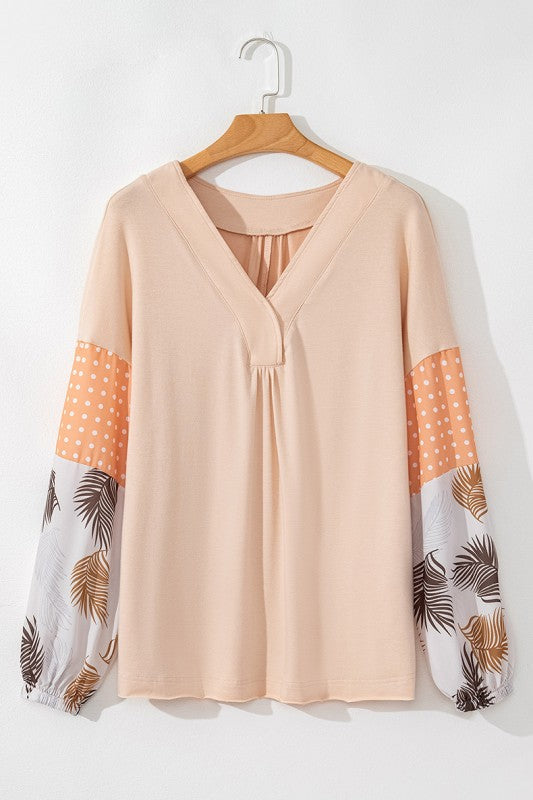 Women Puff Sleeve Patchwork V Neck Sweatshirts