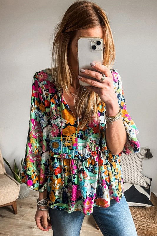Floral Print Bubble Sleeve V Neck Ruffled Blouse