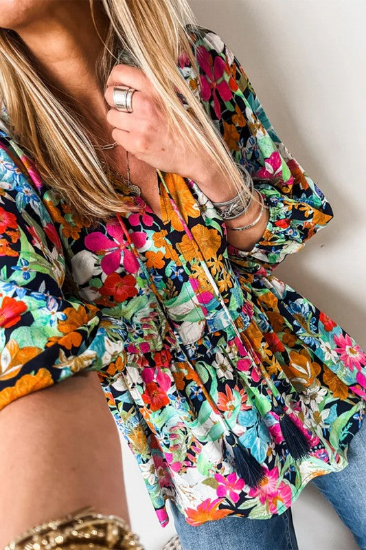 Floral Print Bubble Sleeve V Neck Ruffled Blouse