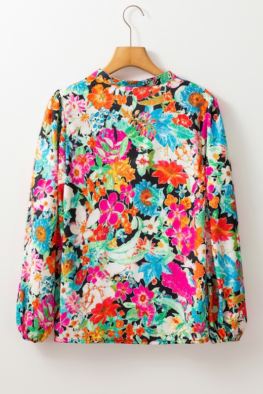 Floral Print Bubble Sleeve V Neck Ruffled Blouse