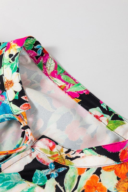 Floral Print Bubble Sleeve V Neck Ruffled Blouse