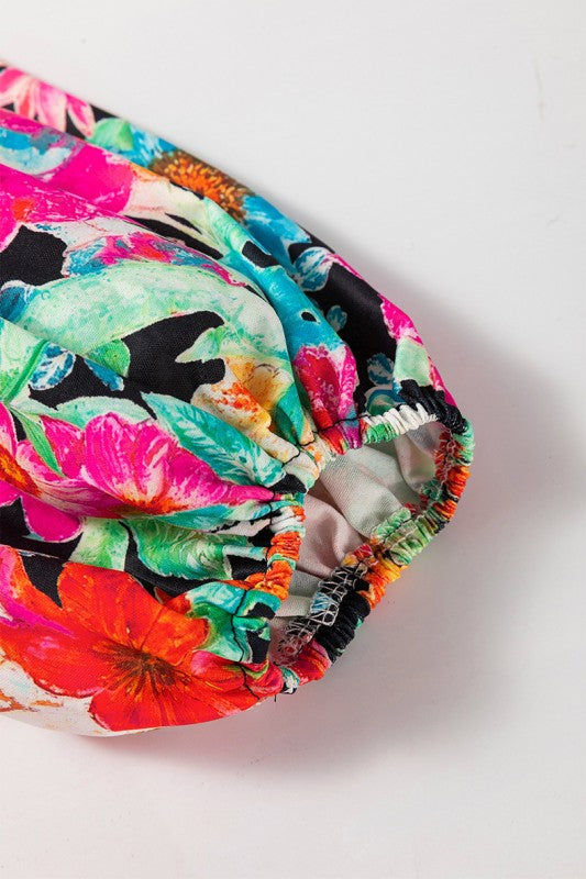 Floral Print Bubble Sleeve V Neck Ruffled Blouse