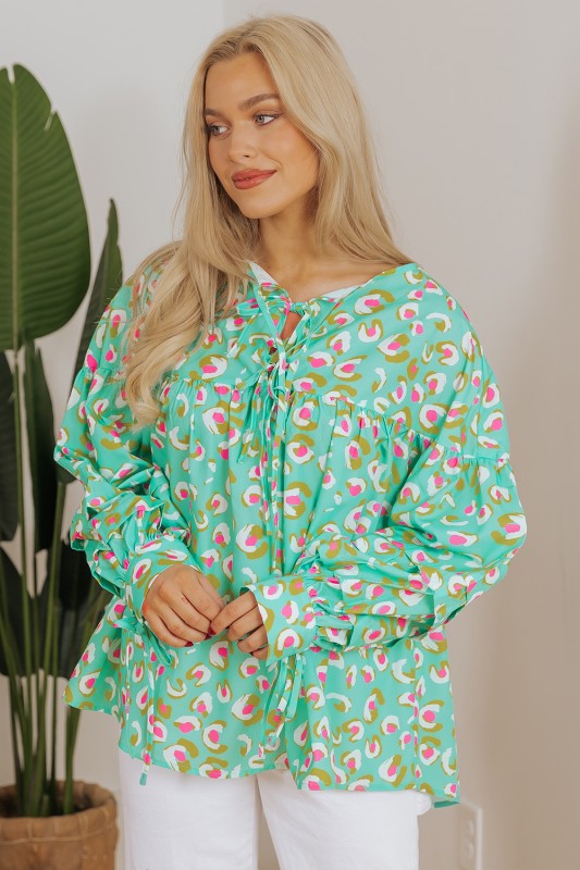 Printed Lace-up Lantern Sleeve Babydoll Blouse