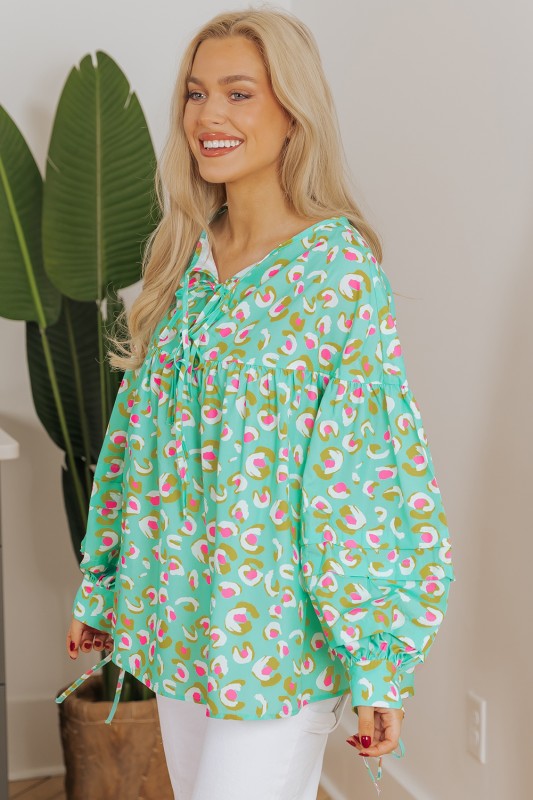 Printed Lace-up Lantern Sleeve Babydoll Blouse