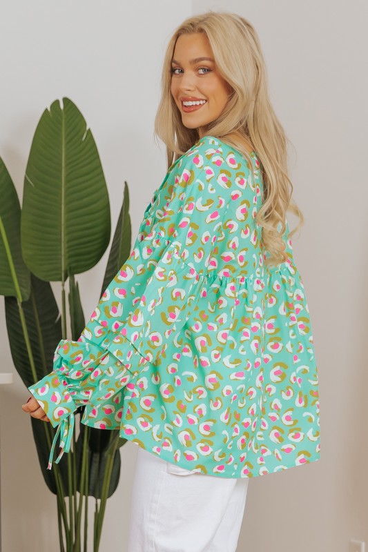 Printed Lace-up Lantern Sleeve Babydoll Blouse
