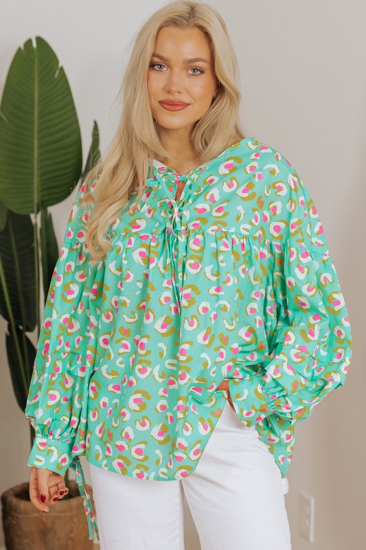 Printed Lace-up Lantern Sleeve Babydoll Blouse