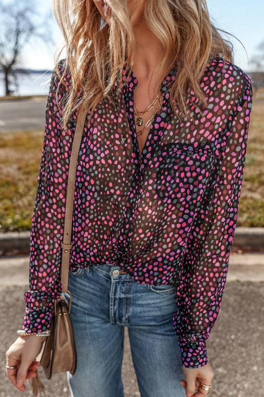 Wine Polka Dot Printed Buttoned Casual Blouses