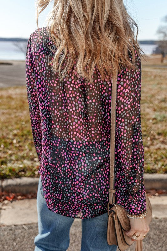 Wine Polka Dot Printed Buttoned Casual Blouses