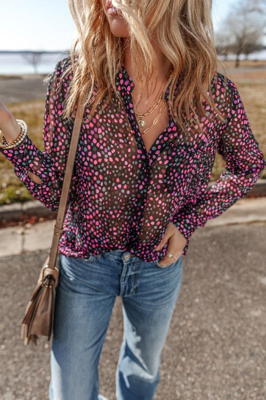 Wine Polka Dot Printed Buttoned Casual Blouses
