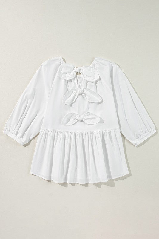 Bow Knot Cutout Back Loose Fit 3/4 Sleeve Blouse