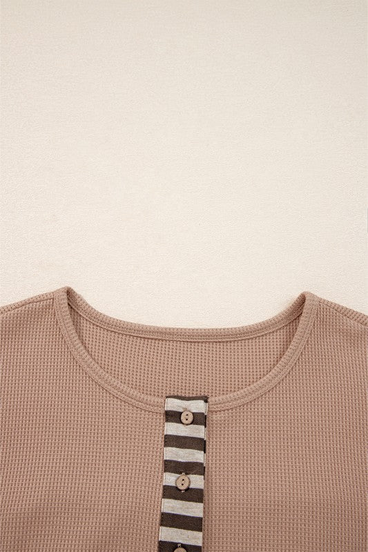 Cotton Waffle Stripe Plaid Patchwork Henley Top