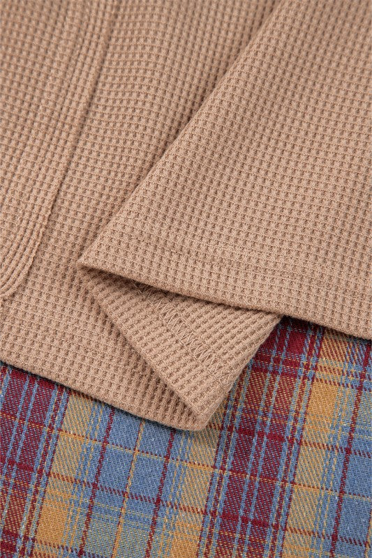 Cotton Waffle Stripe Plaid Patchwork Henley Top