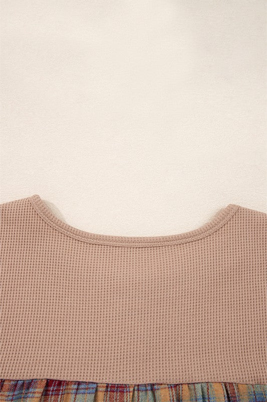 Cotton Waffle Stripe Plaid Patchwork Henley Top