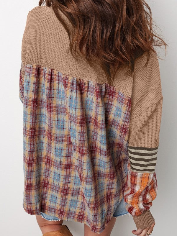Cotton Waffle Stripe Plaid Patchwork Henley Top