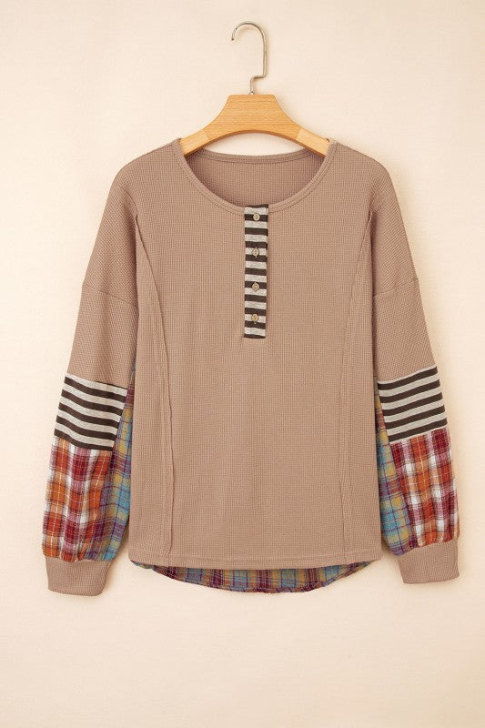 Cotton Waffle Stripe Plaid Patchwork Henley Top