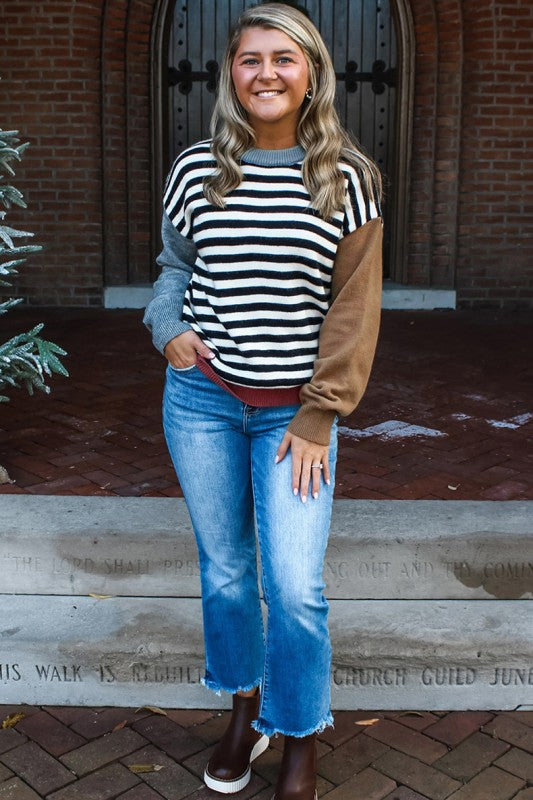 Color black Striped Colorblock Sleeve Chic Sweater