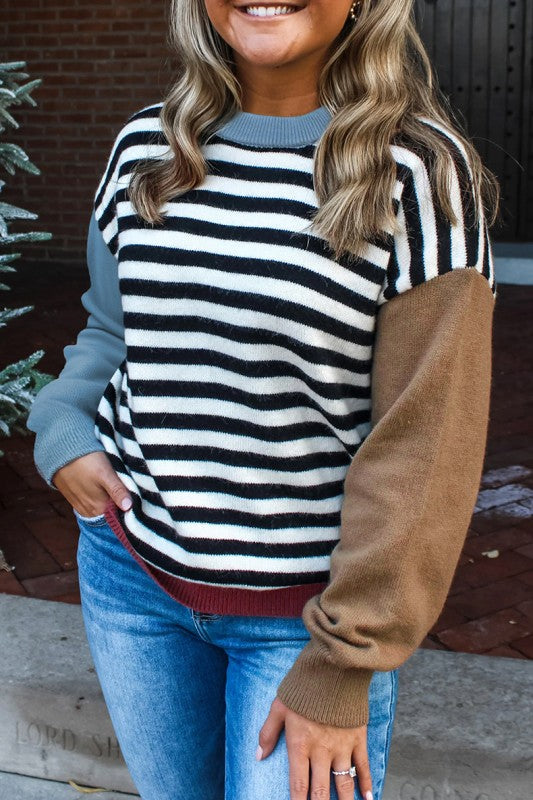 Color black Striped Colorblock Sleeve Chic Sweater