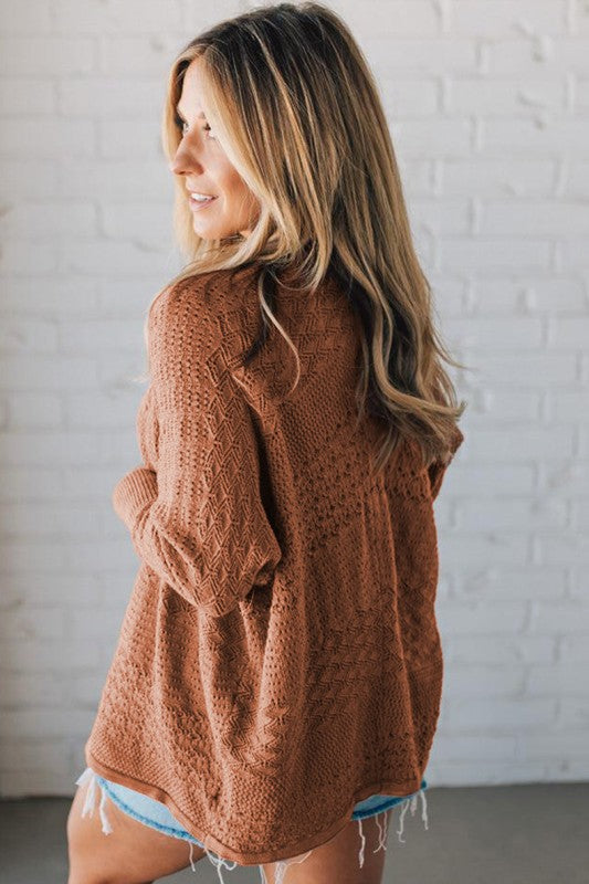 Women Pattern Hollowed Knit Open Front Cardigan