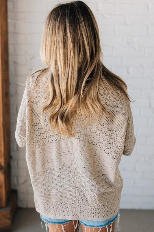 Women Pattern Hollowed Knit Open Front Cardigan