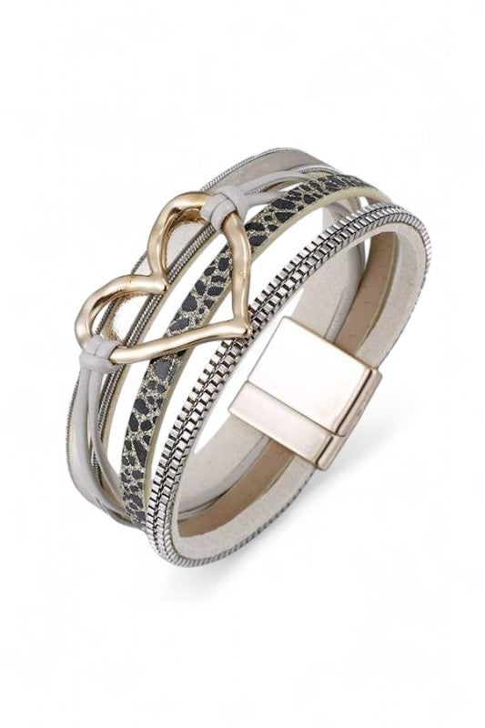 Heart Charm Mix Media Magnetic Bracelet