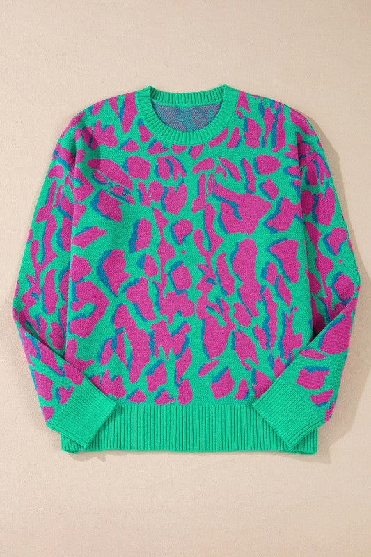 Abstract Print Ribbed Trim Baggy Sweater