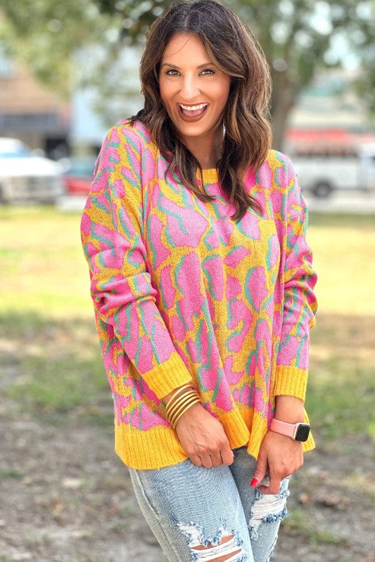 Abstract Print Ribbed Trim Baggy Sweater