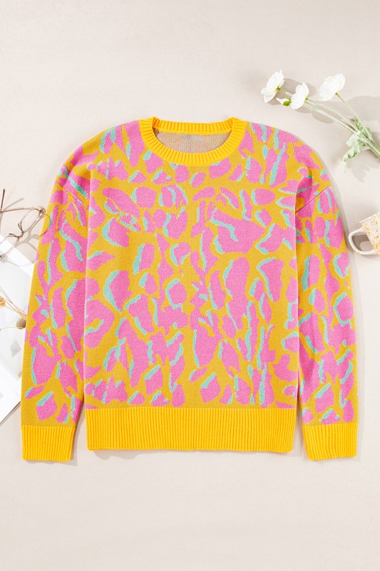 Abstract Print Ribbed Trim Baggy Sweater