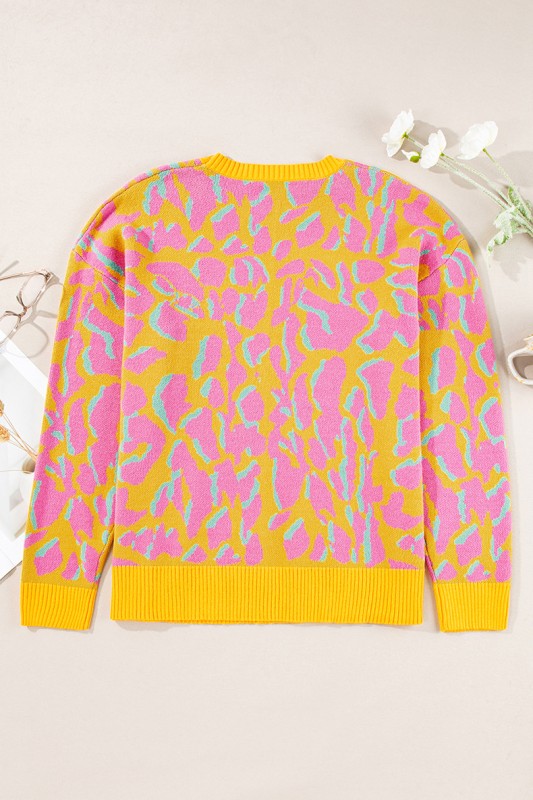 Abstract Print Ribbed Trim Baggy Sweater
