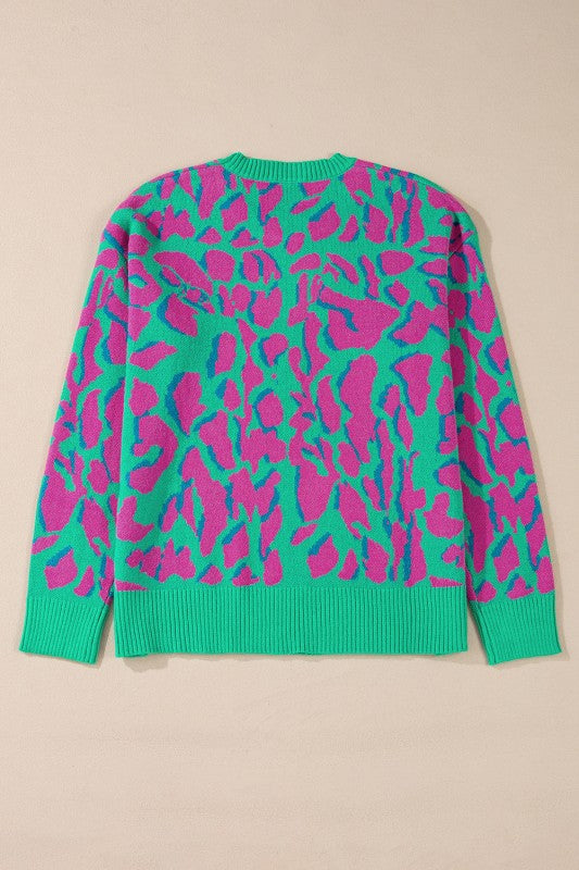 Abstract Print Ribbed Trim Baggy Sweater