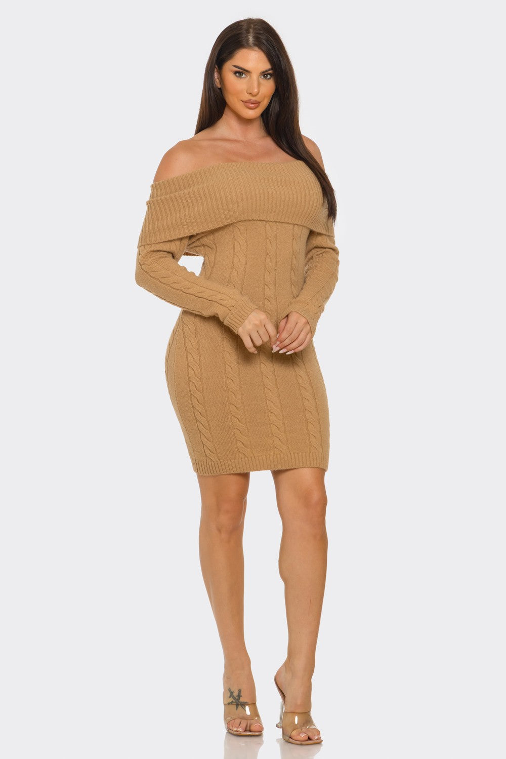 Off Shoulder Styling Fold Over Trim Sweater Dress