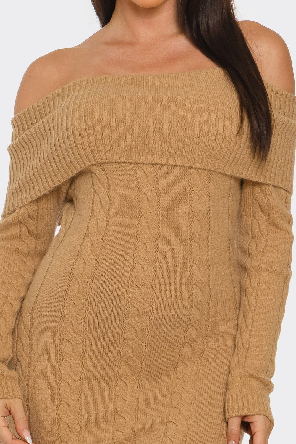 Off Shoulder Styling Fold Over Trim Sweater Dress