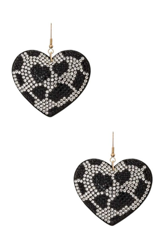 Cow Print Rhinestone Heart Pillow Earrings